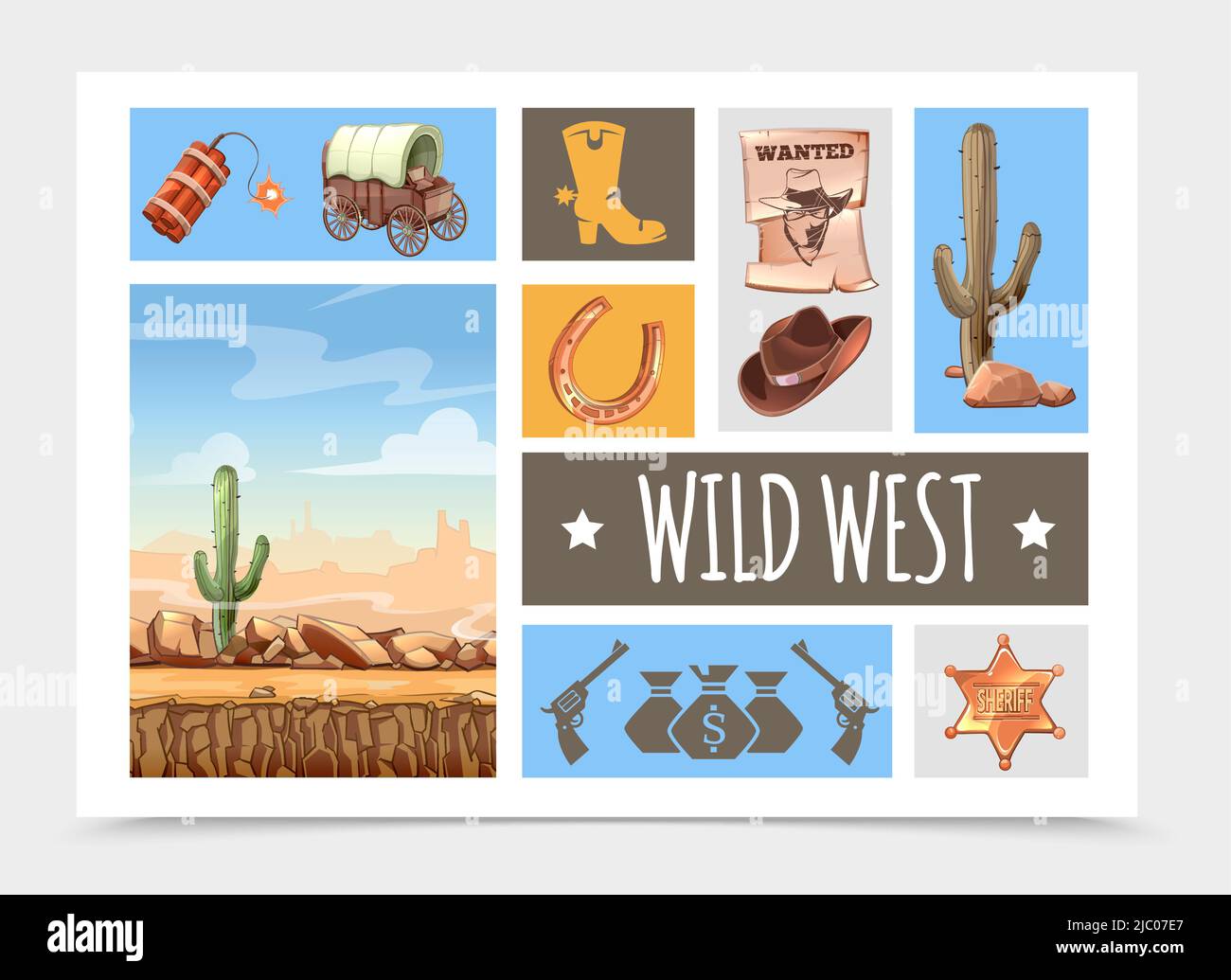 Cartoon wild west elements set with dynamite cart boot wanted poster cowboy hat cactus sheriff badge horseshoe guns desert landscape vector illustrati Stock Vector