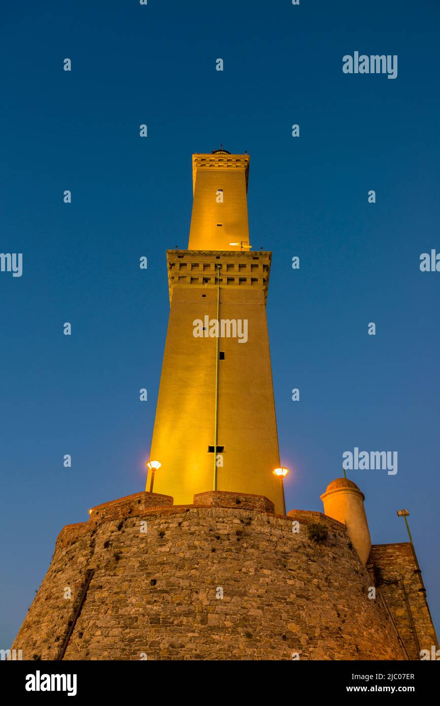 Lighthouse of Genoa is the Tallest Lighthouses in the World, Lanterna di Genova in Dusk in Liguria, Italy. Stock Photo