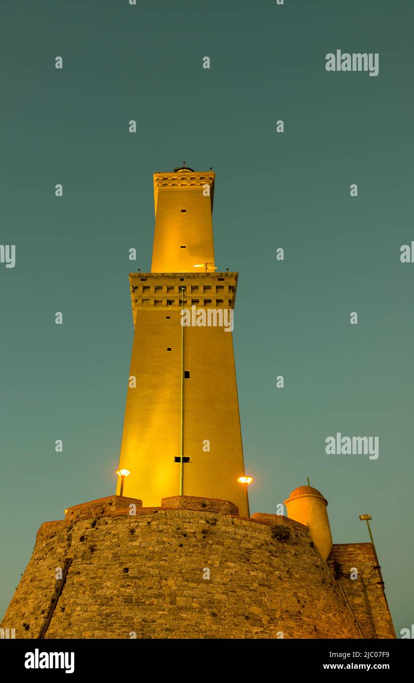 Lighthouse of Genoa is the Tallest Lighthouses in the World, Lanterna di Genova in Dusk in Liguria, Italy. Stock Photo