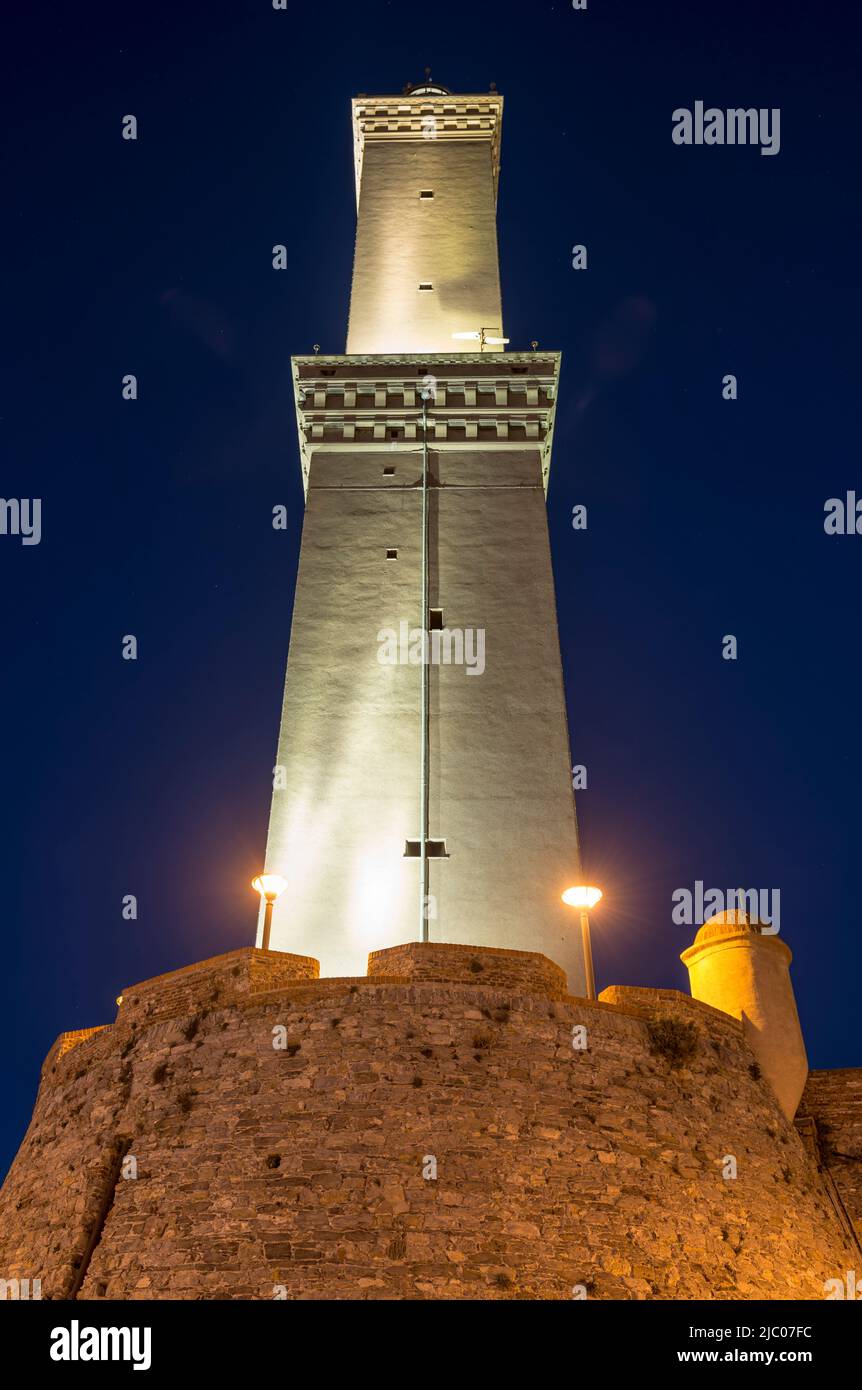 Lighthouse of Genoa is the Tallest Lighthouses in the World, Lanterna di Genova in Dusk in Liguria, Italy. Stock Photo