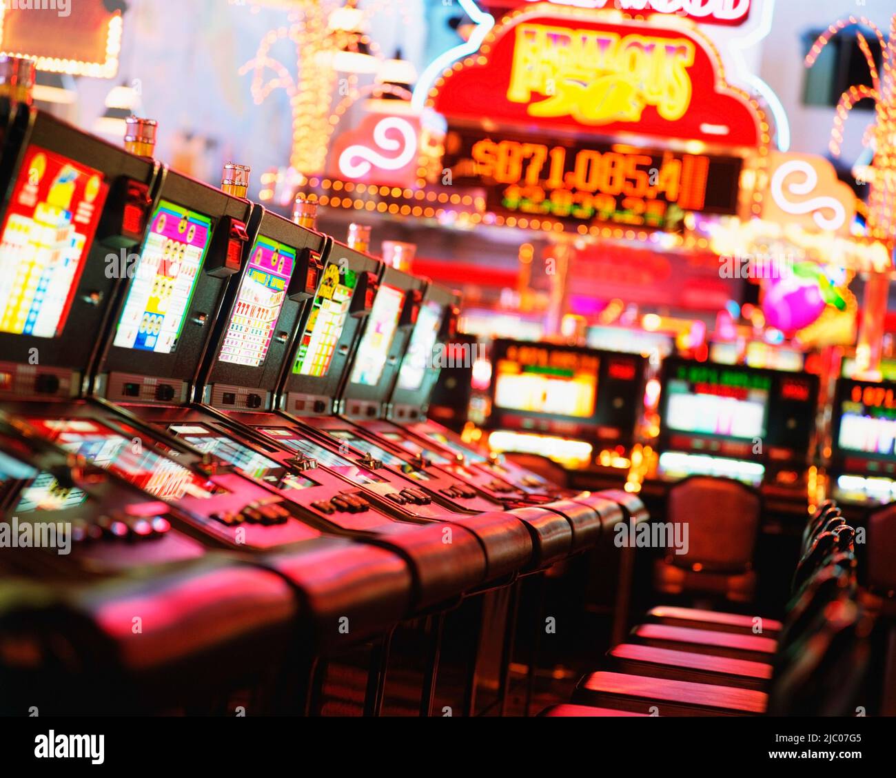 Row of slot machines in a casino, Hollywood Casino Bay St. Louis, Bay Saint Louis, Hancock County, Mississippi, USA Stock Photo