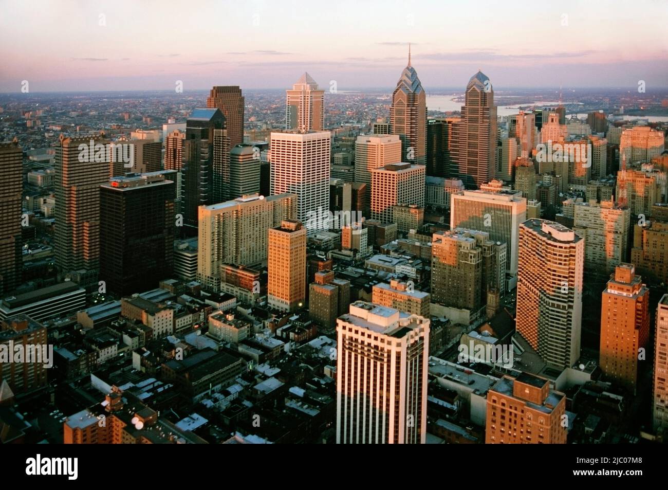 Aerial view of a cityscape with a river in the background, Liberty