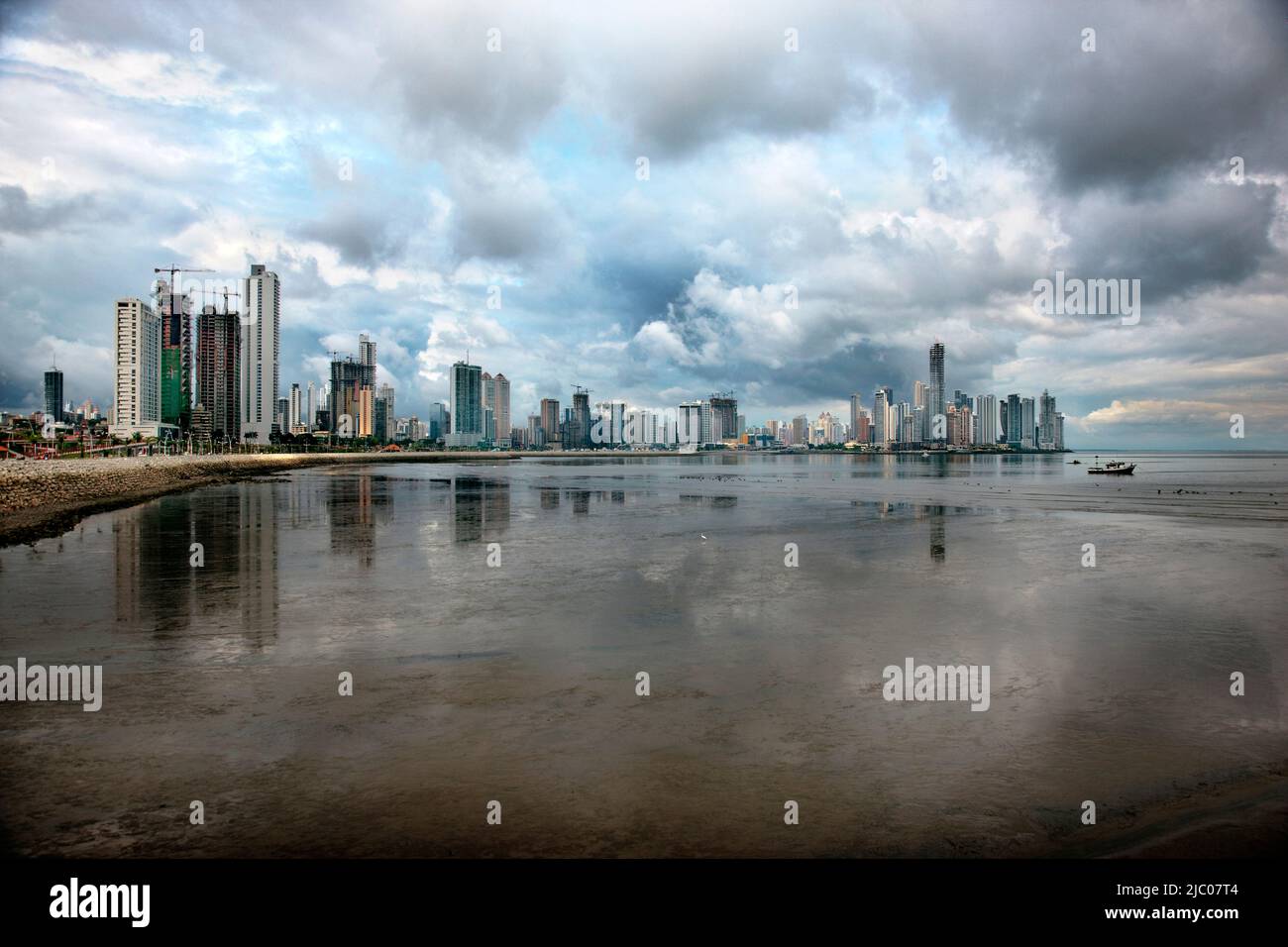 Panama, Panama City, View of Boats on Bahia De Panama and Punta Paitilla Skyline in Background Stock Photo