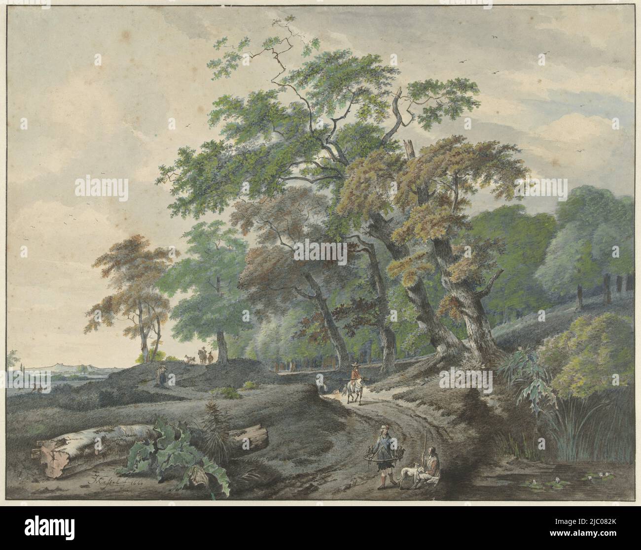 Landscape with a road through a forest, in the foreground a falcon-hunter, Landscape with a road through a forest and a falcon-hunter, draughtsman: Gerard van Nijmegen, after: Jan van Kessel (1641-1680), (mentioned on object), after: Johannes Lingelbach, 1801, paper, pen, brush, h 373 mm × w 474 mm Stock Photo