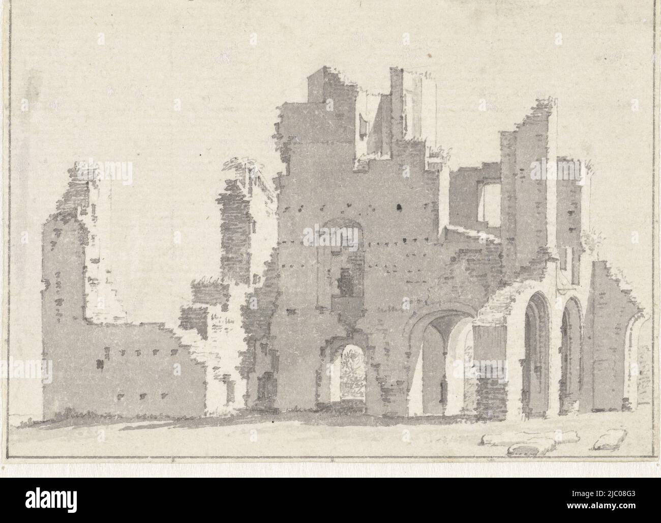 The ruin of the Abij at Rijnsburg, draughtsman: Cornelis Pronk, 1725 - 1745, paper, pen, brush, h 73 mm × w 102 mm Stock Photo