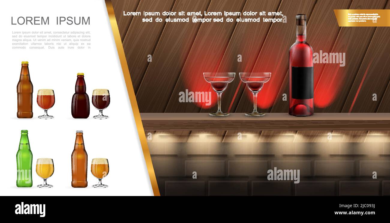 Realistic bar or pub concept with cocktails and bottle of alcoholic drink on counter vector illustration Stock Vector