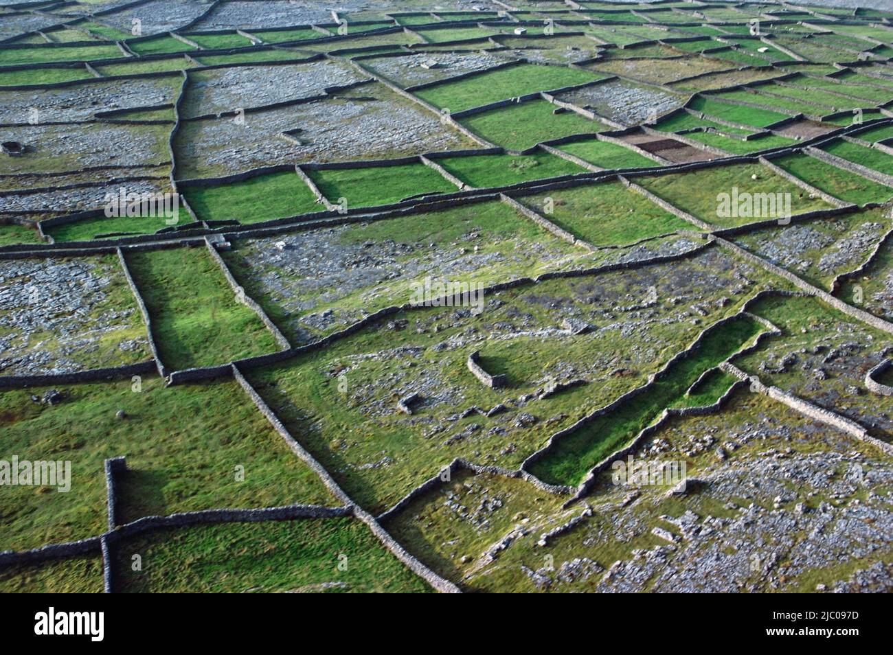 Aerial view of farm land and dry stone walls, Republic of Ireland Stock