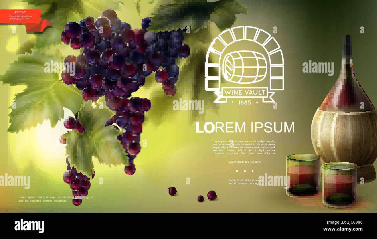 Realistic winemaking industry background with bunch of purple grapes glasses and bottle of wine