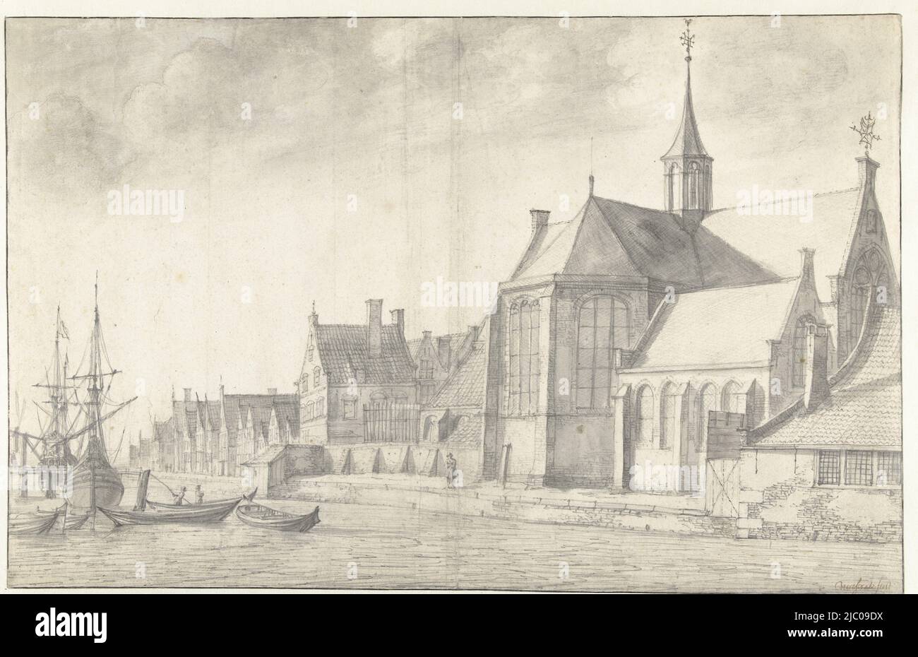 Church in Delfshaven, draughtsman: Jan Abrahamsz. Beerstraten, 1600 - 1699, paper, brush, h 289 mm × w 452 mm Stock Photo