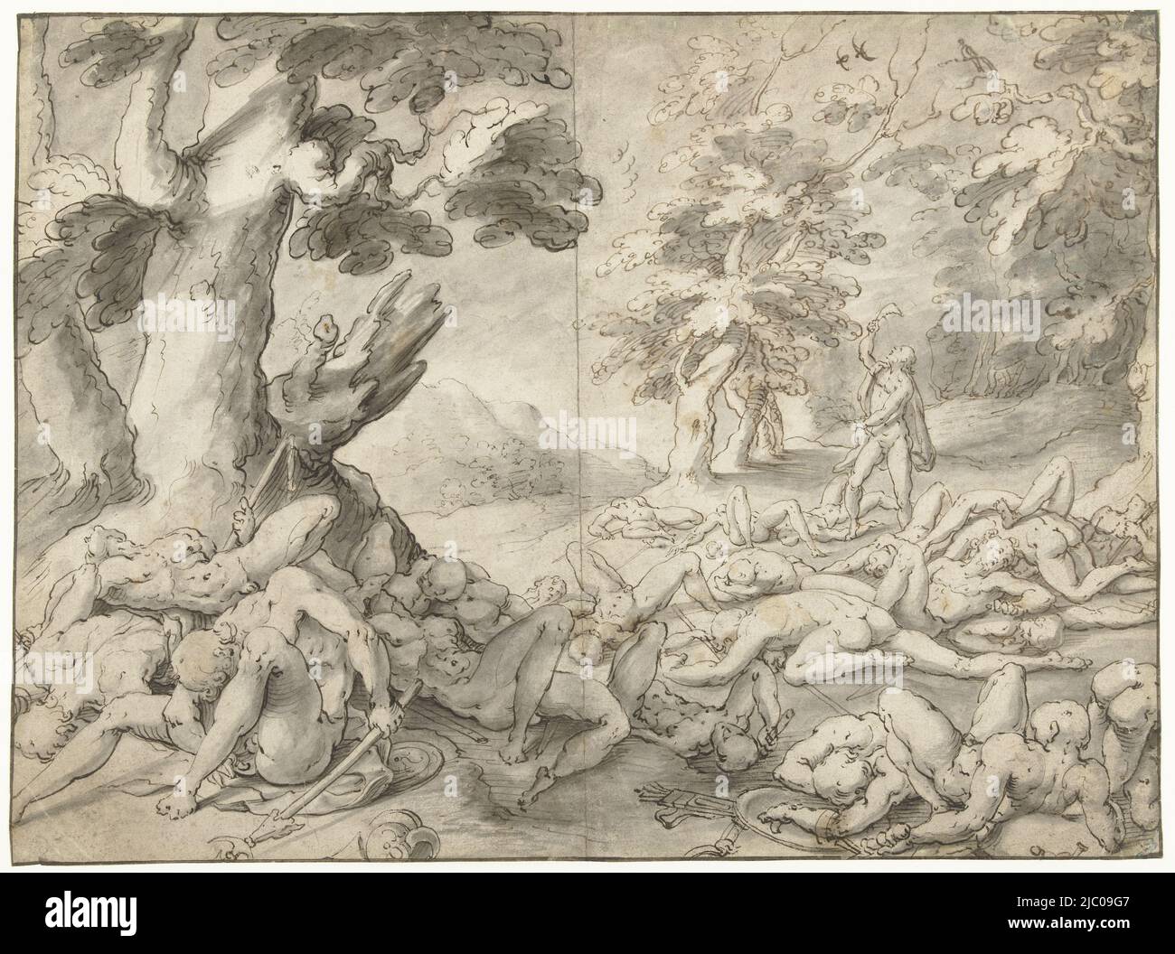 Samson after defeating the Philistines, draughtsman: Gerrit Pietersz. Sweelink, 1576 - 1656, paper, pen, brush, h 280 mm × w 380 mm Stock Photo