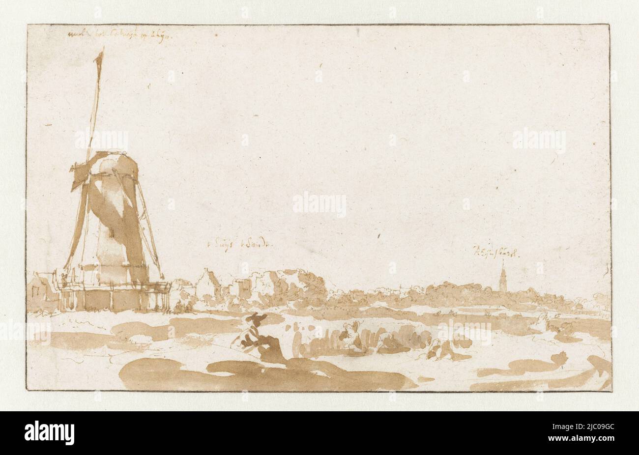 View from the western bank of the Rhine south of Katwijk aan de Rijn of the windmill located there, in the background the sand and the spire of Rijnsburg, View of a windmill from the bank of the Rhine., draughtsman: Jan de Bisschop, 1648 - 1671, paper, pen, brush, h 96 mm × w 153 mm Stock Photo