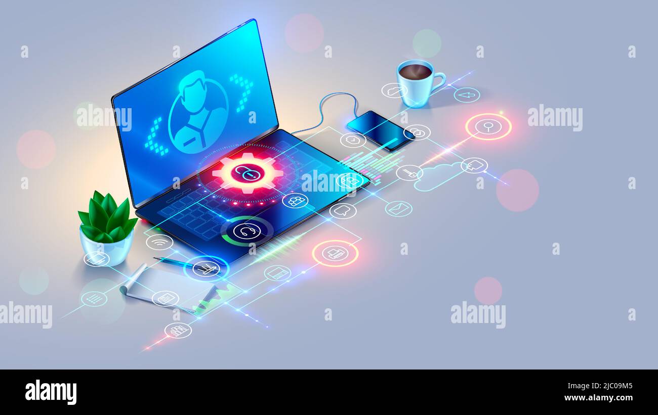 Remote Support online. Remotely access and control of computer or laptop via web internet connection. System administrator helps of user. Chat of Stock Vector