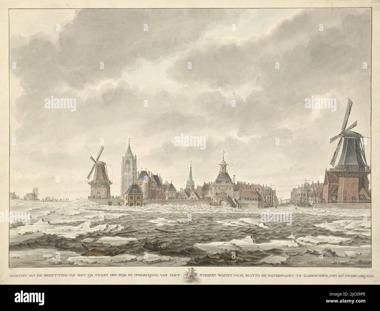 Face of the occupation of the ice, against the dike and crossing of the stone guardhouse, outside the Water Gate at Gorinchem, 20.n February 1799. Design for a print, View of the occupation of the ice outside the Water Gate in Gorinchem, Den 20.n February 1799., draughtsman: Cornelis de Jonker, 1807, paper, brush, pen, h 453 mm × w 600 mm Stock Photo