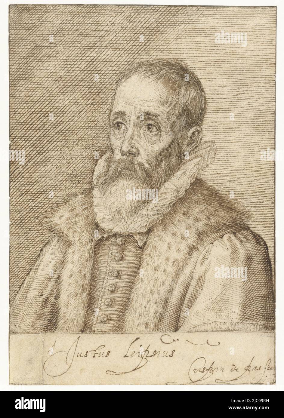 Justus Lipsius (1537-1606), Portrait of Justus Lipsius, draughtsman: Crispijn van de Passe (I), 1575, paper, pen, h 170 mm × w 120 mm Stock Photo