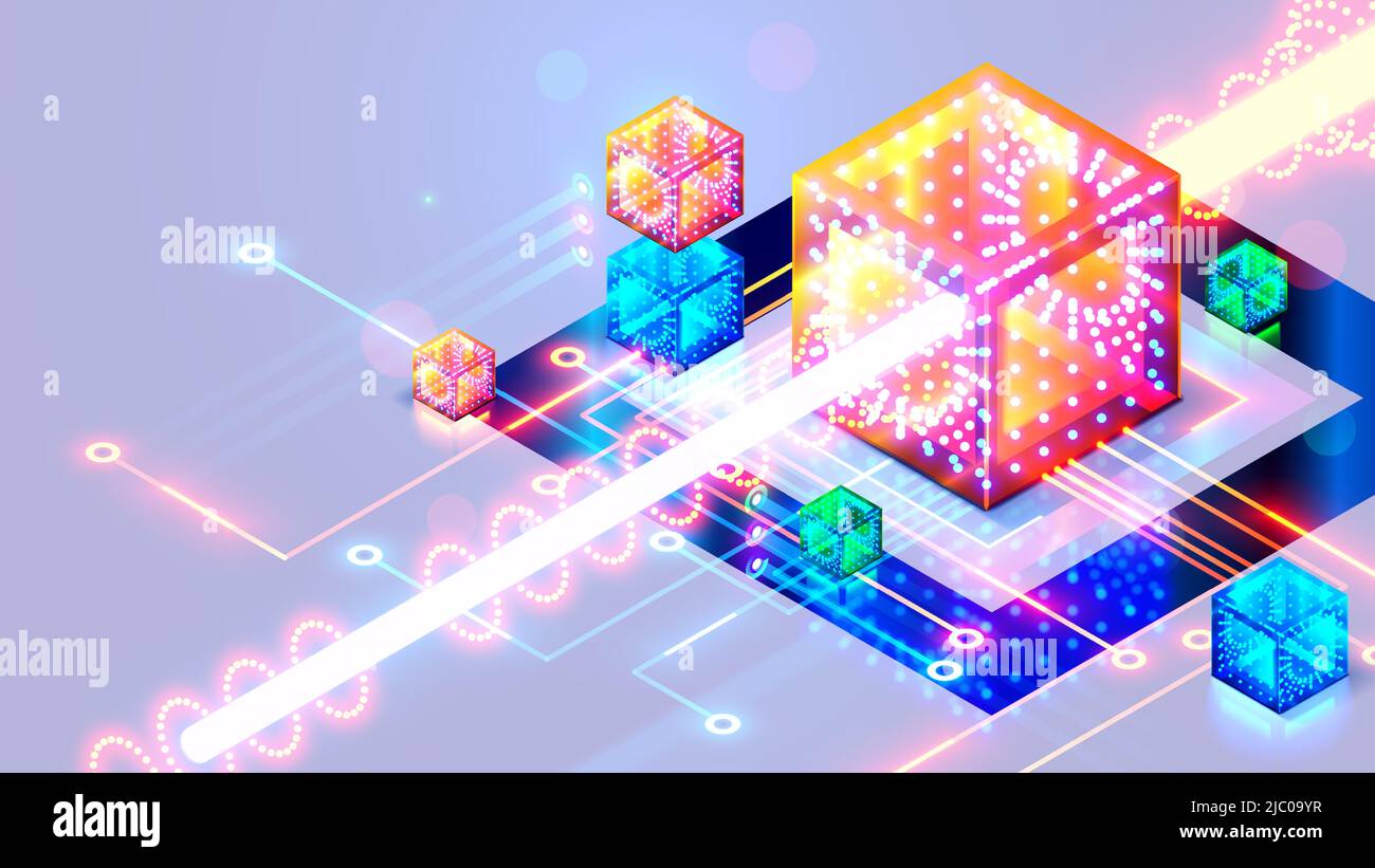 Abstraction concept of Quantum computer. The beam of digital signal passes through qubit in core optical CPU. tech background. Futuristic hardware Stock Vector