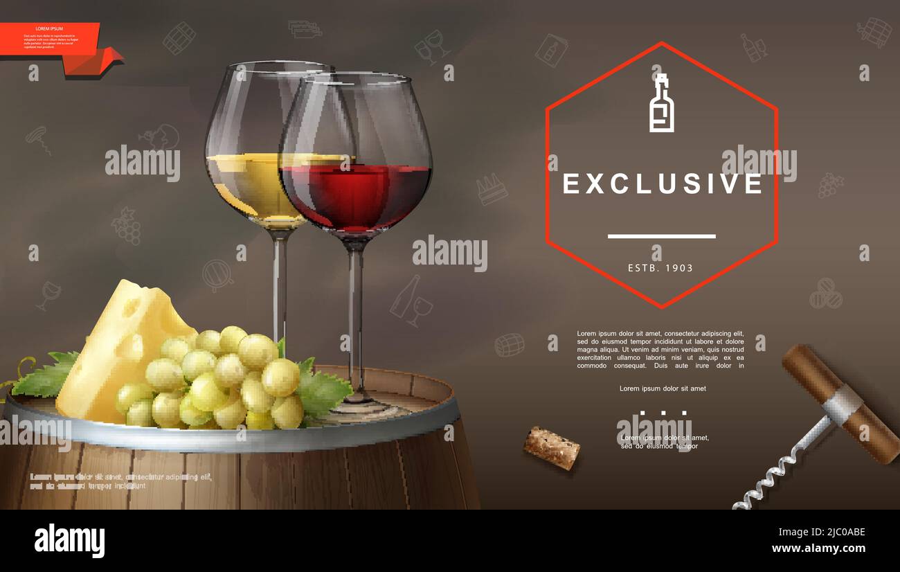 Realistic winemaking background with corkscrew cork glasses of red and