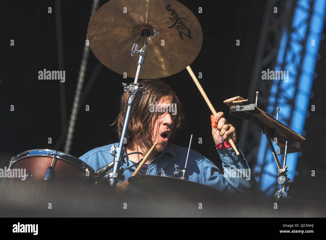 Drummer Michael Johnson of Dirty Projectors Rock band performs live on