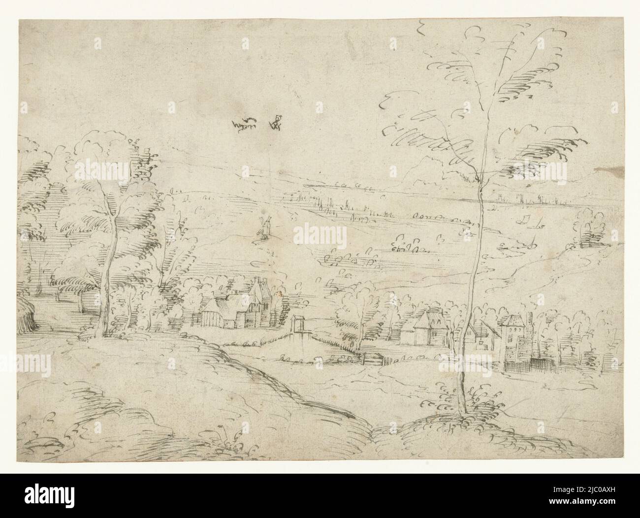Landscape with farms near a river, draughtsman: Joachim Patinir, (school of), 1530 - 1550, paper, pen, h 196 mm × w 260 mm Stock Photo