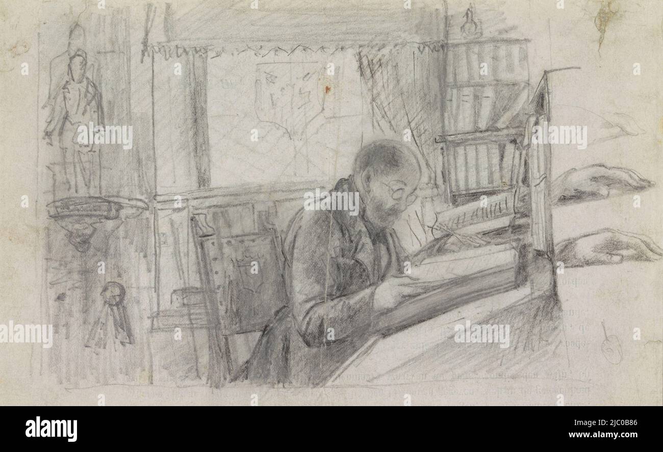 Design for a print, Frederik Verachter at his desk in the archive, draughtsman: Philippus Jacobus van Bree, 1800 - 1871, paper, h 135 mm × w 208 mm Stock Photo