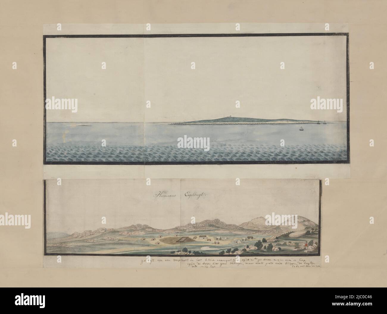 View of Robben Island, repeating part of map G. 24., View of Robben Island, draughtsman: Robert Jacob Gordon, (attributed to), draughtsman: Johannes Schumacher, (possibly), Kaapprovincie, c. 1777, paper, pen, brush, h  mm × w  mm, h 275 mm × w 660 mm Stock Photo