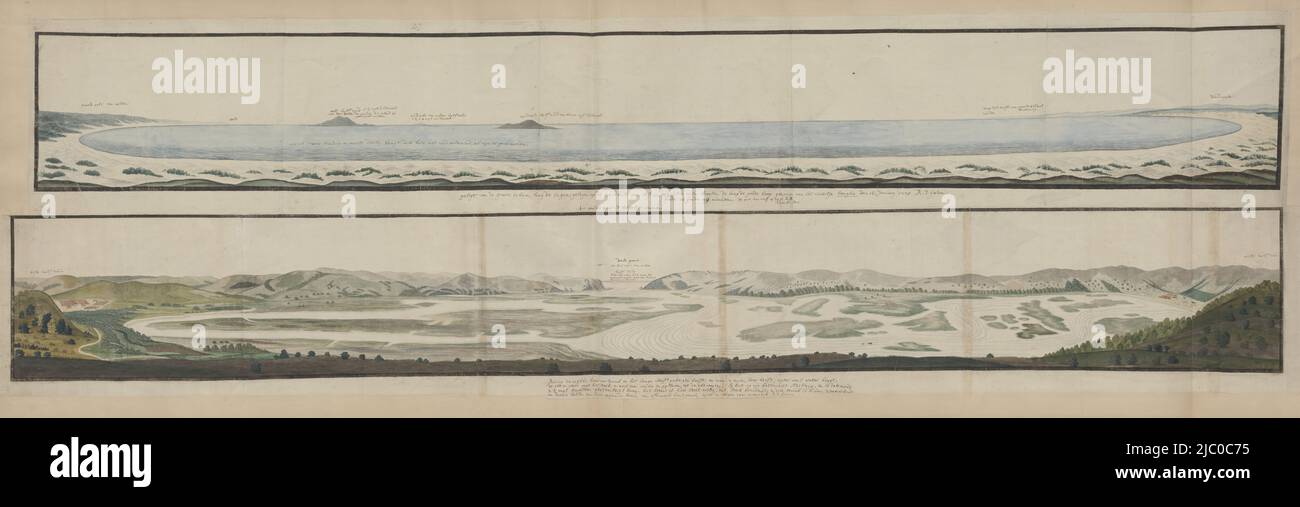 Text accessible by means of a guide map with parts A to C., Panorama of Algoa Bay, seen from the beach., draughtsman: Robert Jacob Gordon, Kaapprovincie, 15-Jan-1778, paper, pen, brush, 331 mm ×  1990 mm, h 240 mm × w 1960 mm Stock Photo