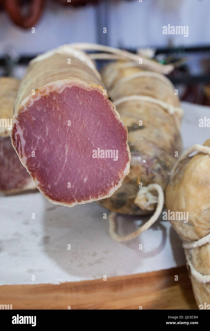 Iberian cured loin  displayed at street market stall. Closeup Stock Photo