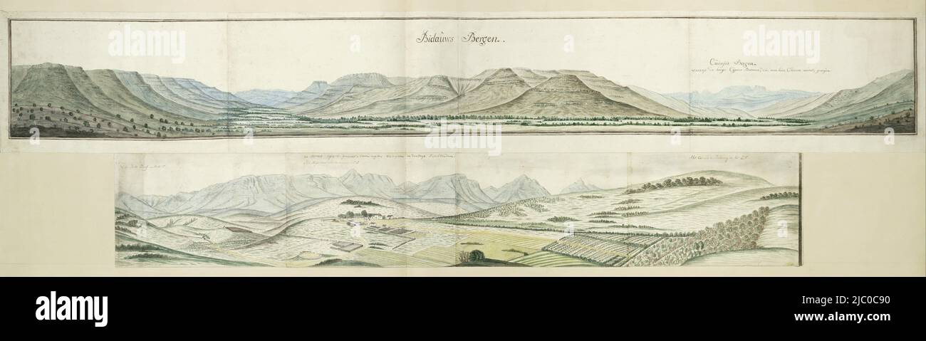Panorama of the district known as Egypt, east of Swellendam, seen from the south, draughtsman: Robert Jacob Gordon, (attributed to), draughtsman: Johannes Schumacher, (possibly), Kaapprovincie, Oct-1777 - Mar-1778, paper, pen, brush, h  mm × w  mm, h 205 mm × w 1245 mm Stock Photo