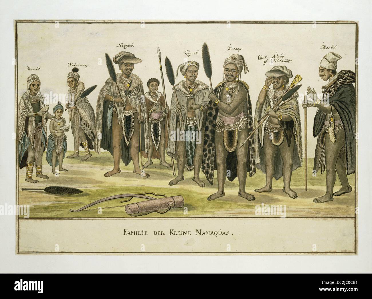 Family of little Namaquas, with chief Captein Ñoébe, named Wildschut, Chieftans of the Namaqualand region, draughtsman: Robert Jacob Gordon, Kaapprovincie, c. Jul-1779 - Aug-1779, paper, brush, pen, h 660 mm × w 480 mm, h 360 mm × w 524 mm, h 294 mm × w 515 mm Stock Photo