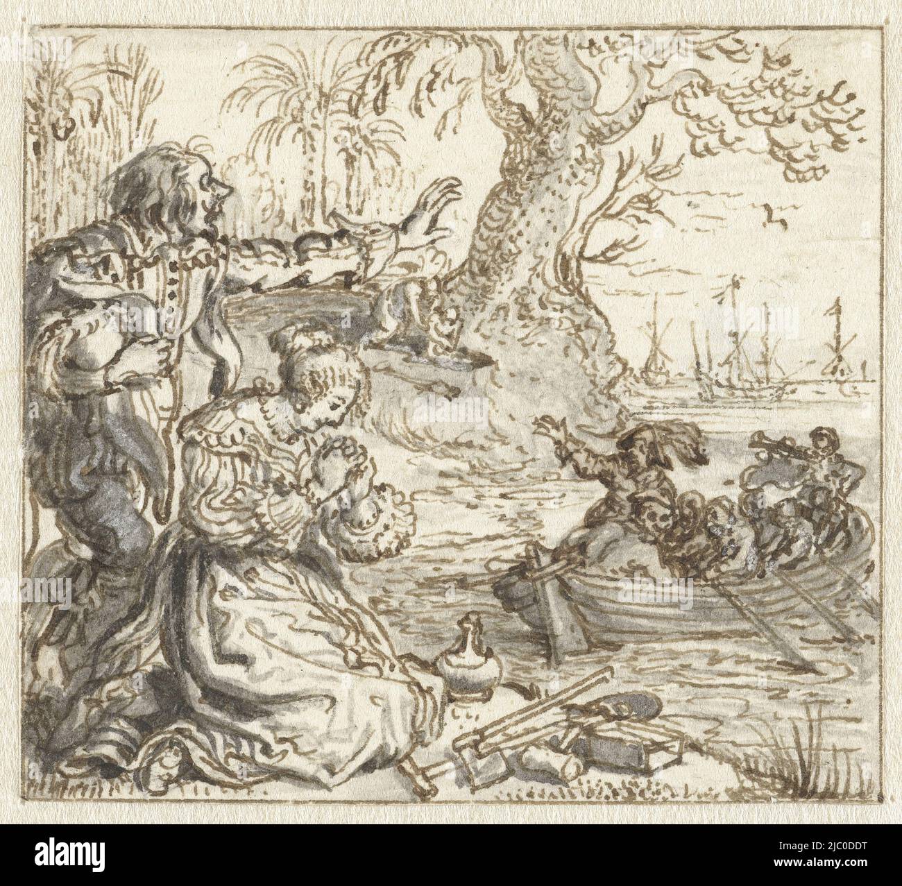 Design for a print, Rosette and Galant see the creatures leave the uninhabited island, draughtsman: Adriaen Pietersz. van de Venne, 1629 - 1634, paper, pen, brush, h 51 mm × w 56 mm Stock Photo