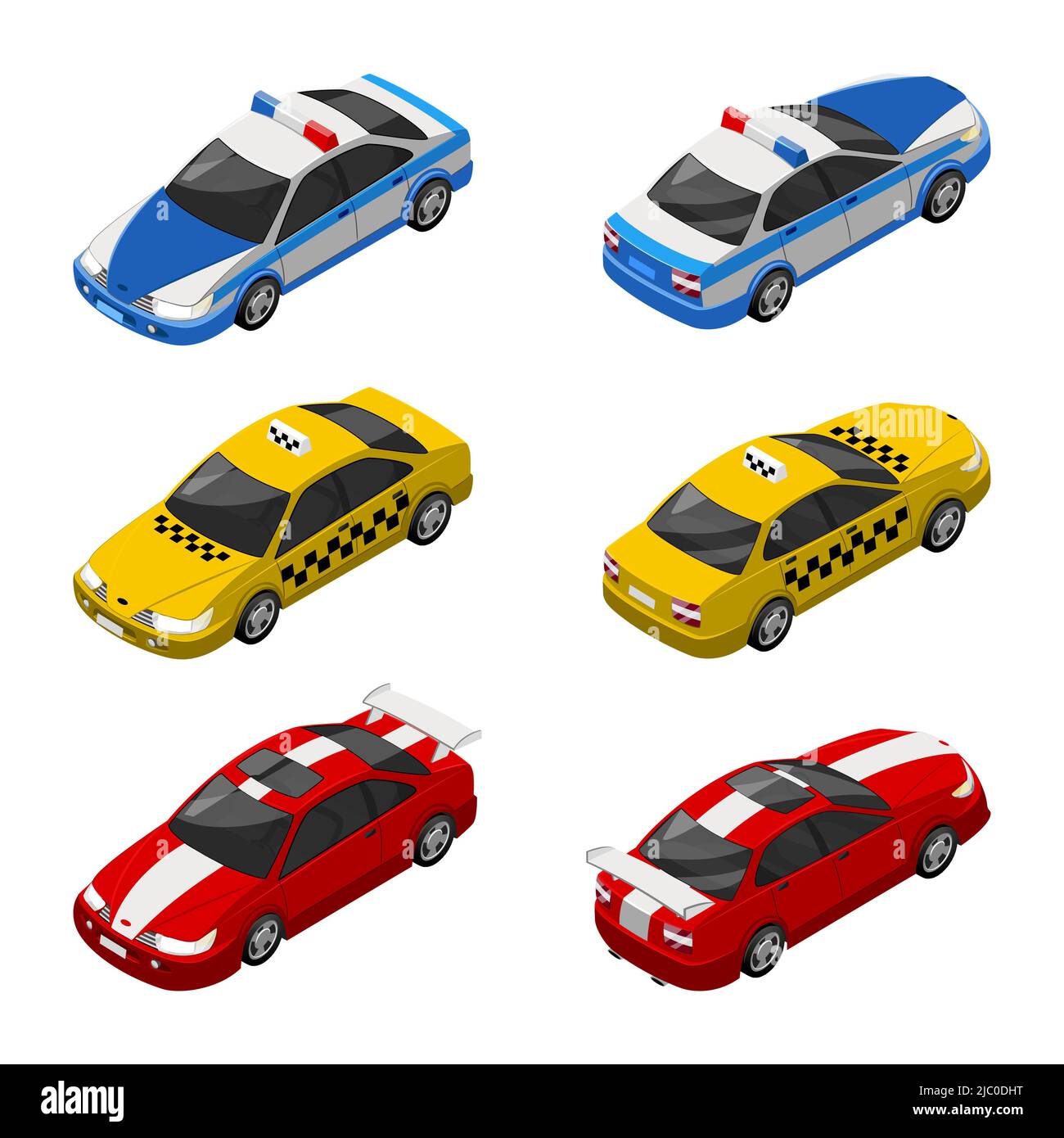 Taxi auto, police vehicle and racing car 3d isometrics. Car auto transportation, taxi vehicle transport and police car. Vector illustration Stock Vector