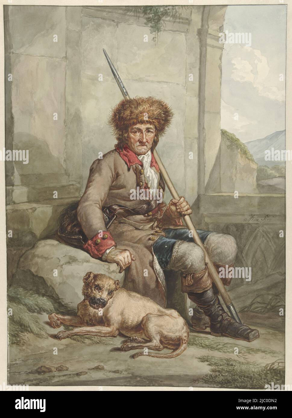 Sitting hunter with fur hat, spear and weitas, with dog, in the background a mountain landscape, Sitting hunter with fur hat, spear and weitas, draughtsman: Abraham van Strij (I), (mentioned on object), 1763 - 1826, paper, pen, brush, h 451 mm × w 325 mm Stock Photo