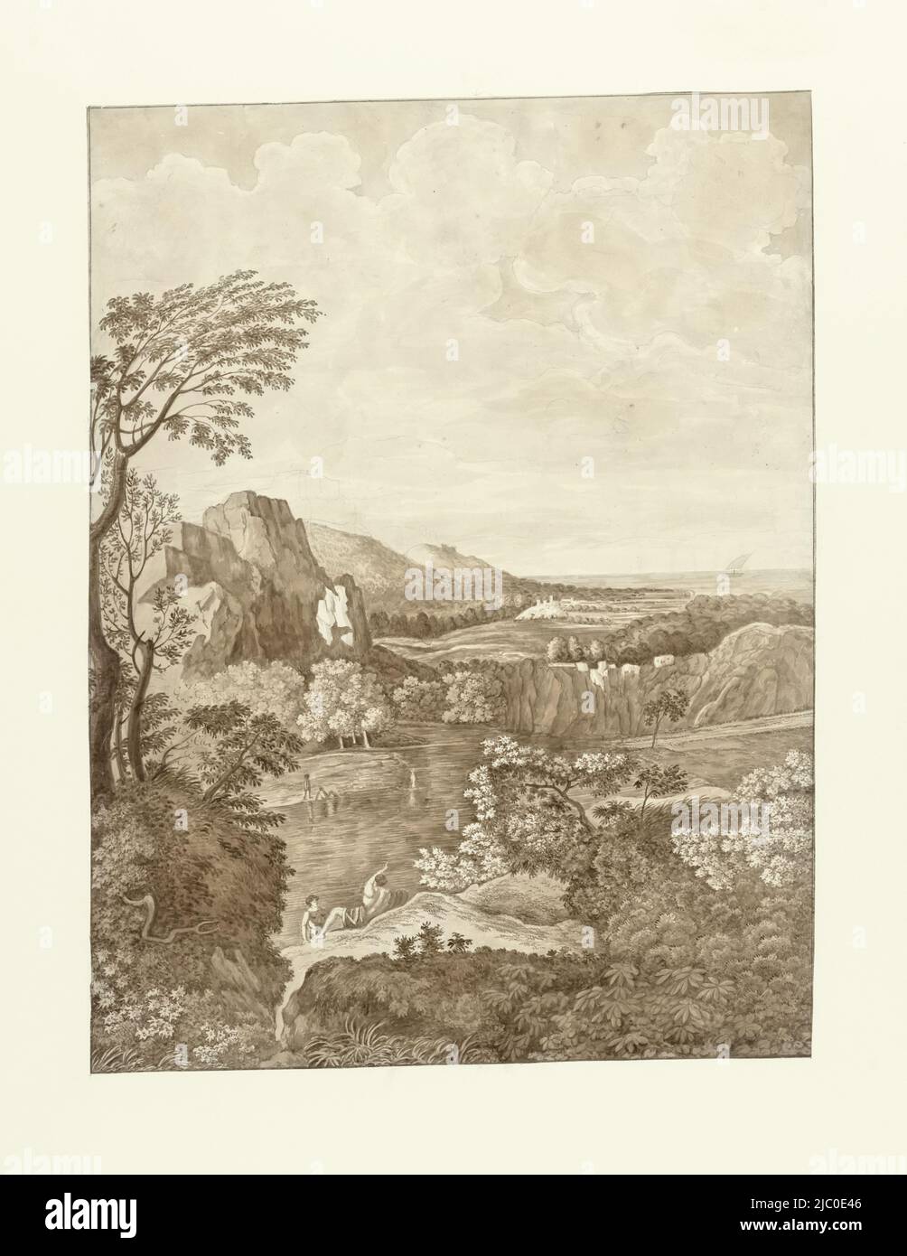 Italian landscape near Rome, draughtsman: J. Pallard, , 1650 - 1800, paper, brush, h 530 mm × w 395 mm Stock Photo