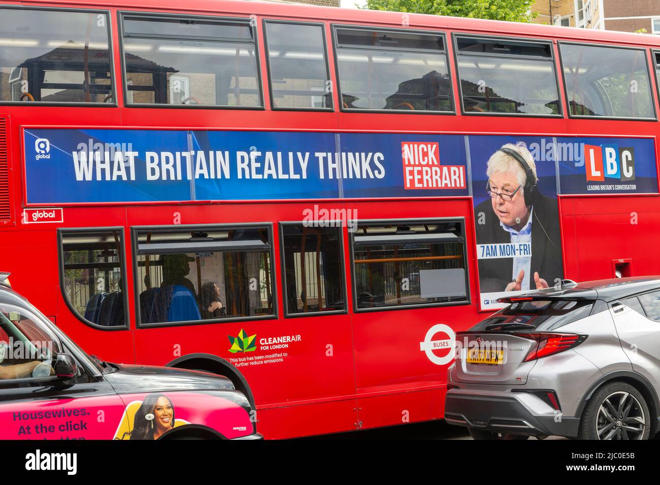 Advertising for LBC Radio Nick Ferrari show on red double decker bus,  London, England, UK 'What Britain Really Thinks' Stock Photo - Alamy