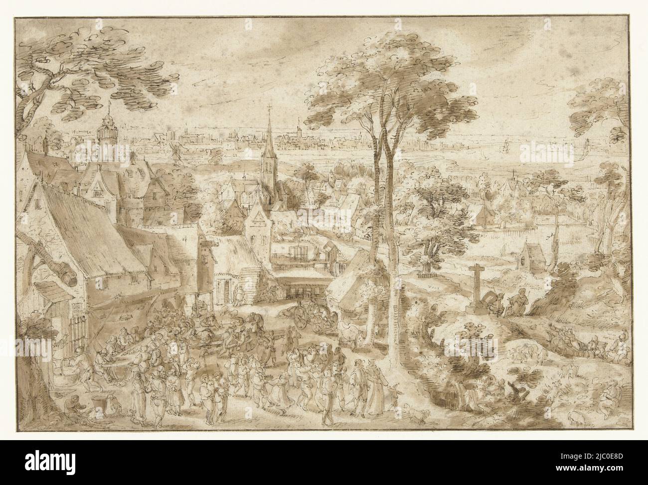 Wedding party on a village square, draughtsman: Jacob Savery (I), c. 1587 - c. 1603, paper, pen, brush, h 197 mm × w 293 mm Stock Photo