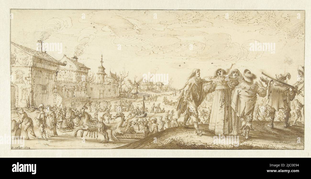 Ice cream entertainment, draughtsman: Pieter Nolpe, 1638, parchment (animal material), pen, h 141 mm × w 295 mm Stock Photo