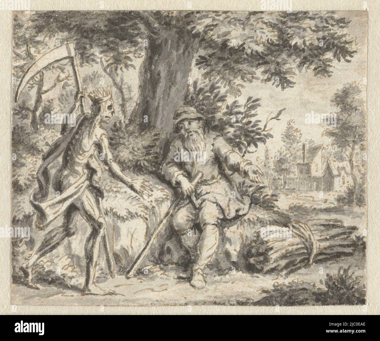 Design for a print, Lumberjack and Death Design for illustrations for an edition of Jean de la Fontaine's Fabelen (title series), draughtsman: anonymous, 1668 - 1740, paper, pen, brush, h 67 mm × w 80 mm Stock Photo