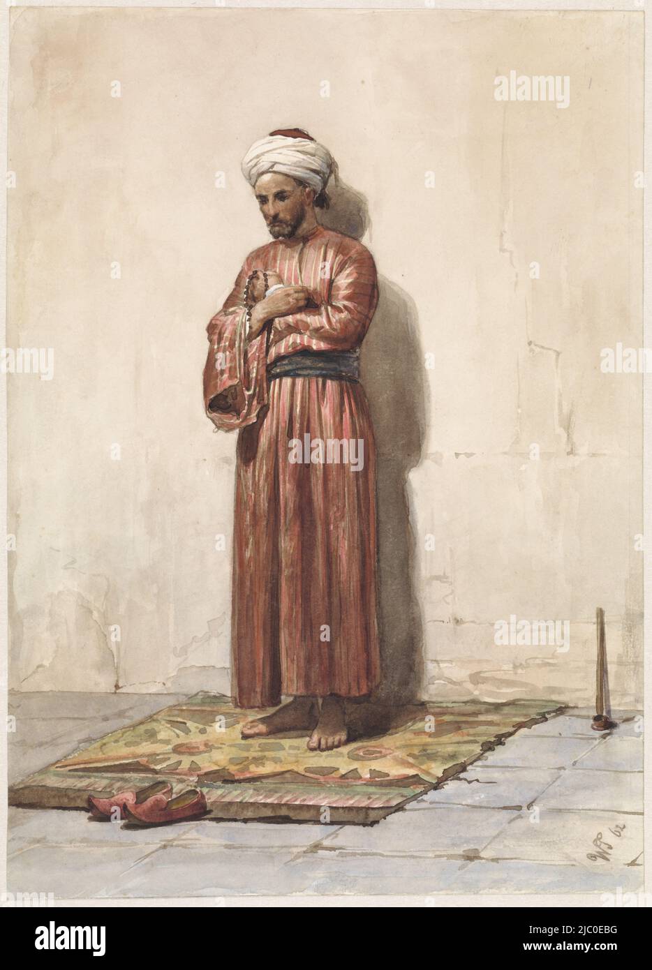 Standing Egyptian, on prayer rug with prayer wreath, Standing Egyptian