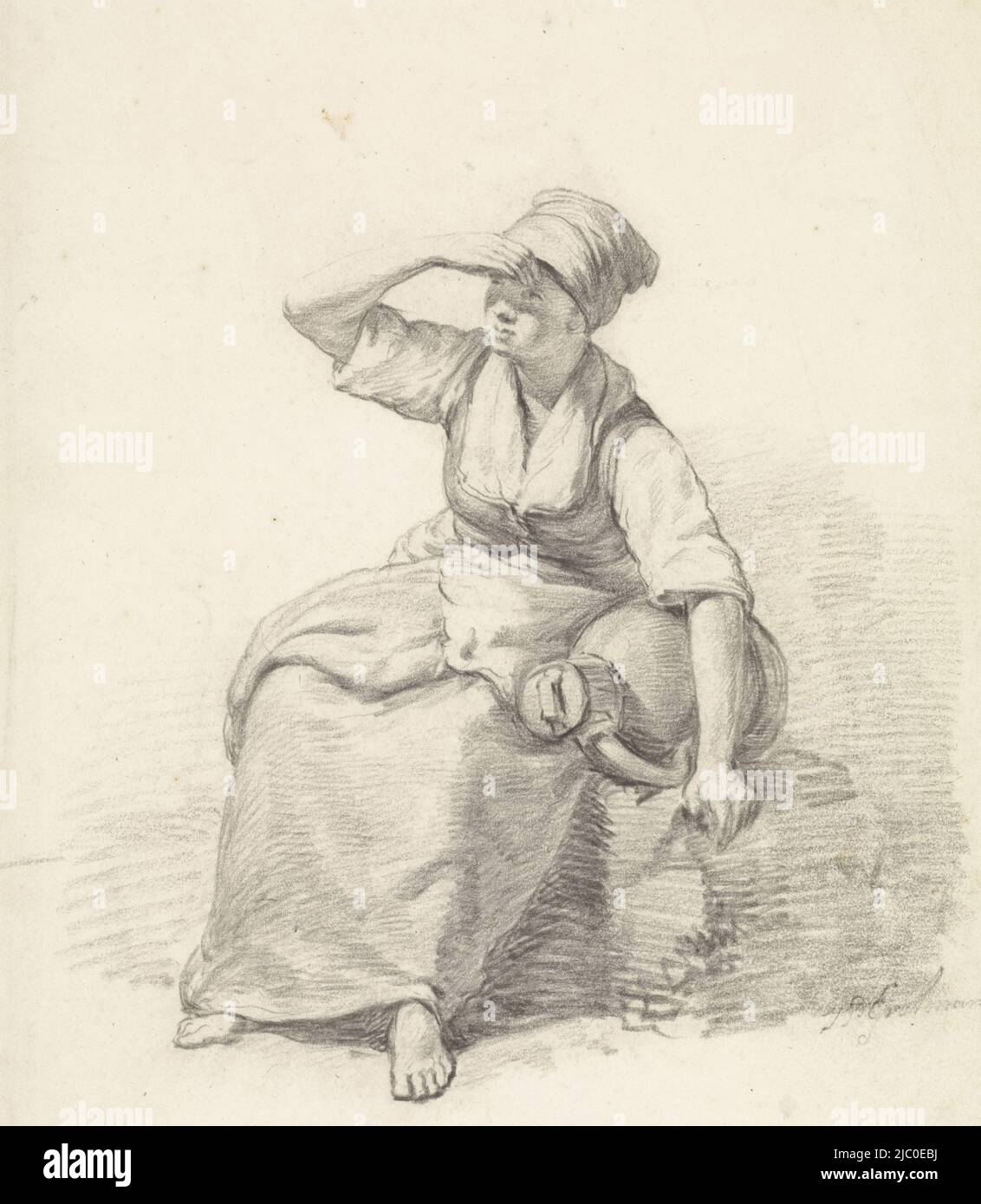 Sitting woman with milk churn, draughtsman: Johan Paul Constantinus Grolman, (attributed to), 1851 - 1927, paper, h 230 mm × w 196 mm Stock Photo