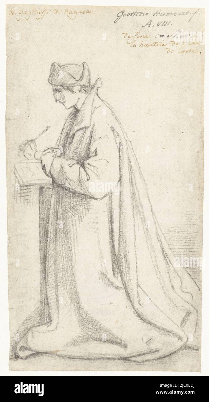 Kneeling, writing man, draughtsman: David Pièrre Giottino Humbert de Superville, 1780 - 1849, paper, h 143 mm × w 77 mm Stock Photo