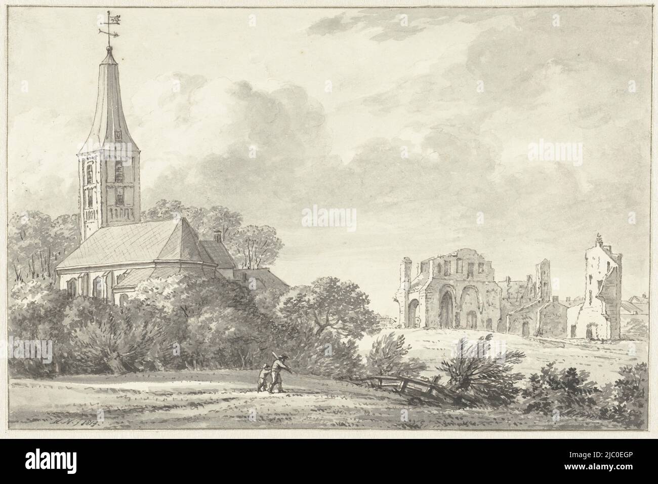 Ruin of the Abbey at Rijnsburg, draughtsman: Hermanus Numan, 1813, paper, pen, brush, h 161 mm × w 243 mm Stock Photo