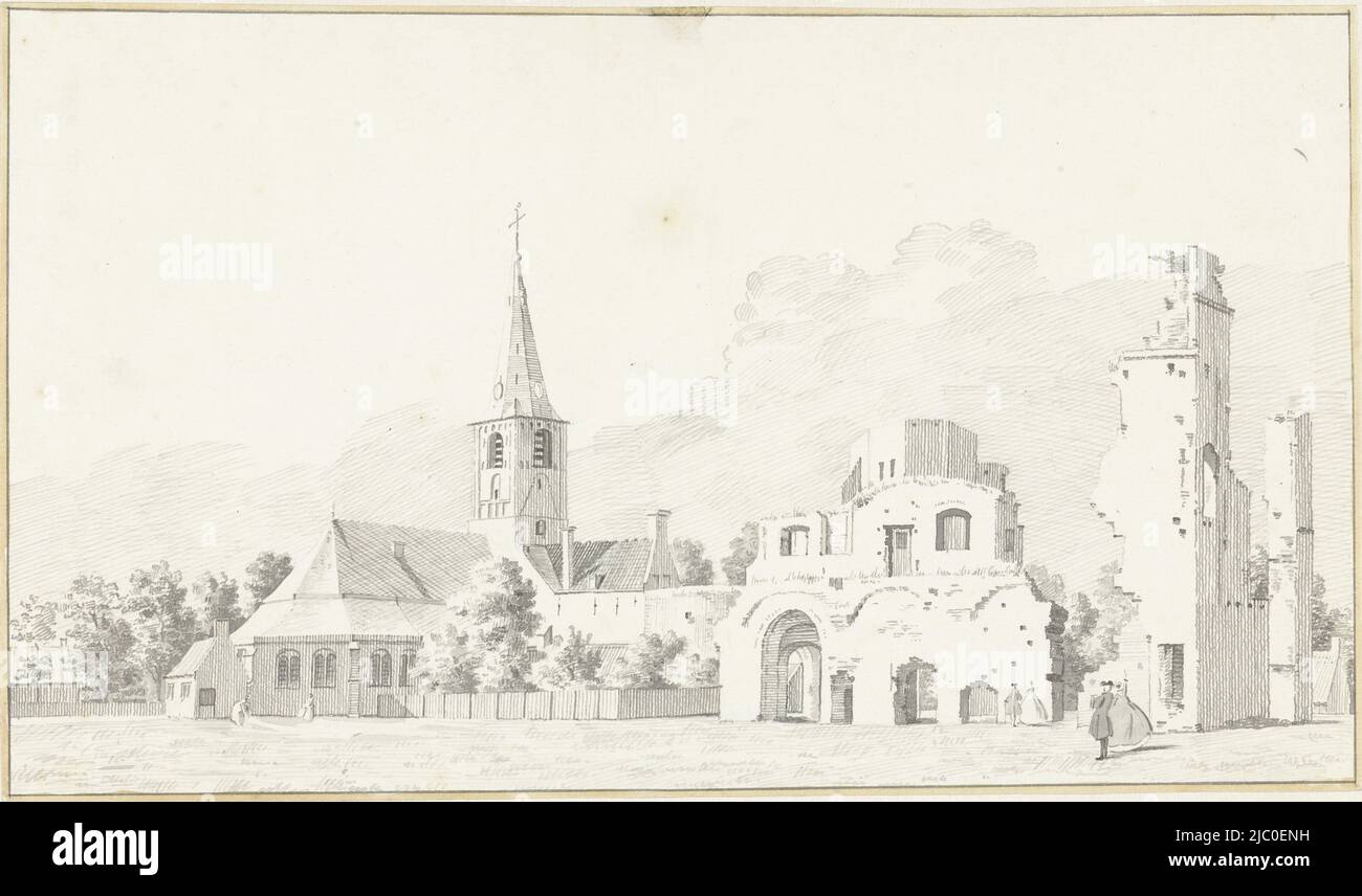 Church and the ruins of the abbey of Rijnsburg, draughtsman: Hendrik de Winter, intermediary draughtsman: Cornelis Pronk, (possibly), 1727 - 1790, paper, pen, brush, h 180 mm × w 311 mm Stock Photo