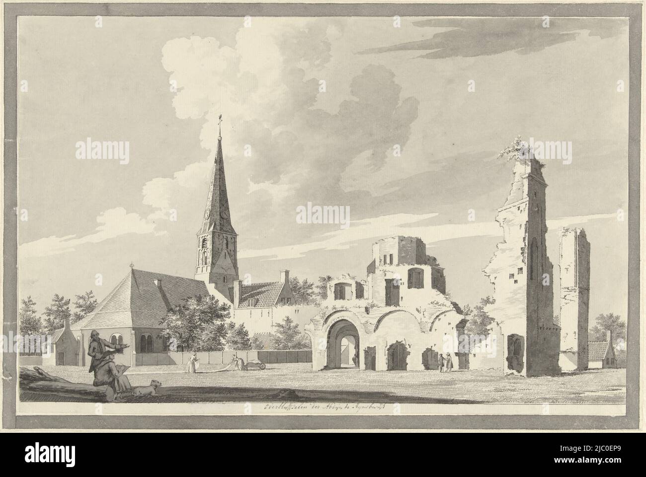 The ruins of Rijnsburg Abbey Overblyffselen der Abdije in Rijnsburgh, draughtsman: Gerrit Toorenburgh, 1742 - 1785, paper, pen, brush, h 241 mm × w 370 mm Stock Photo