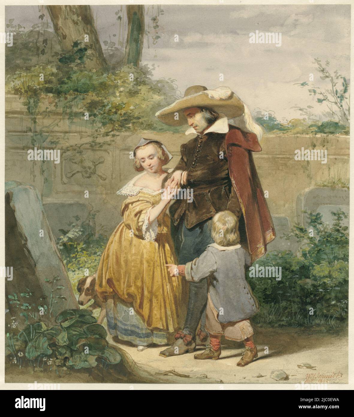 A father with two children at the mother's grave, draughtsman: Willem Hendrik Schmidt, 1842, paper, brush, h 292 mm × w 265 mm Stock Photo