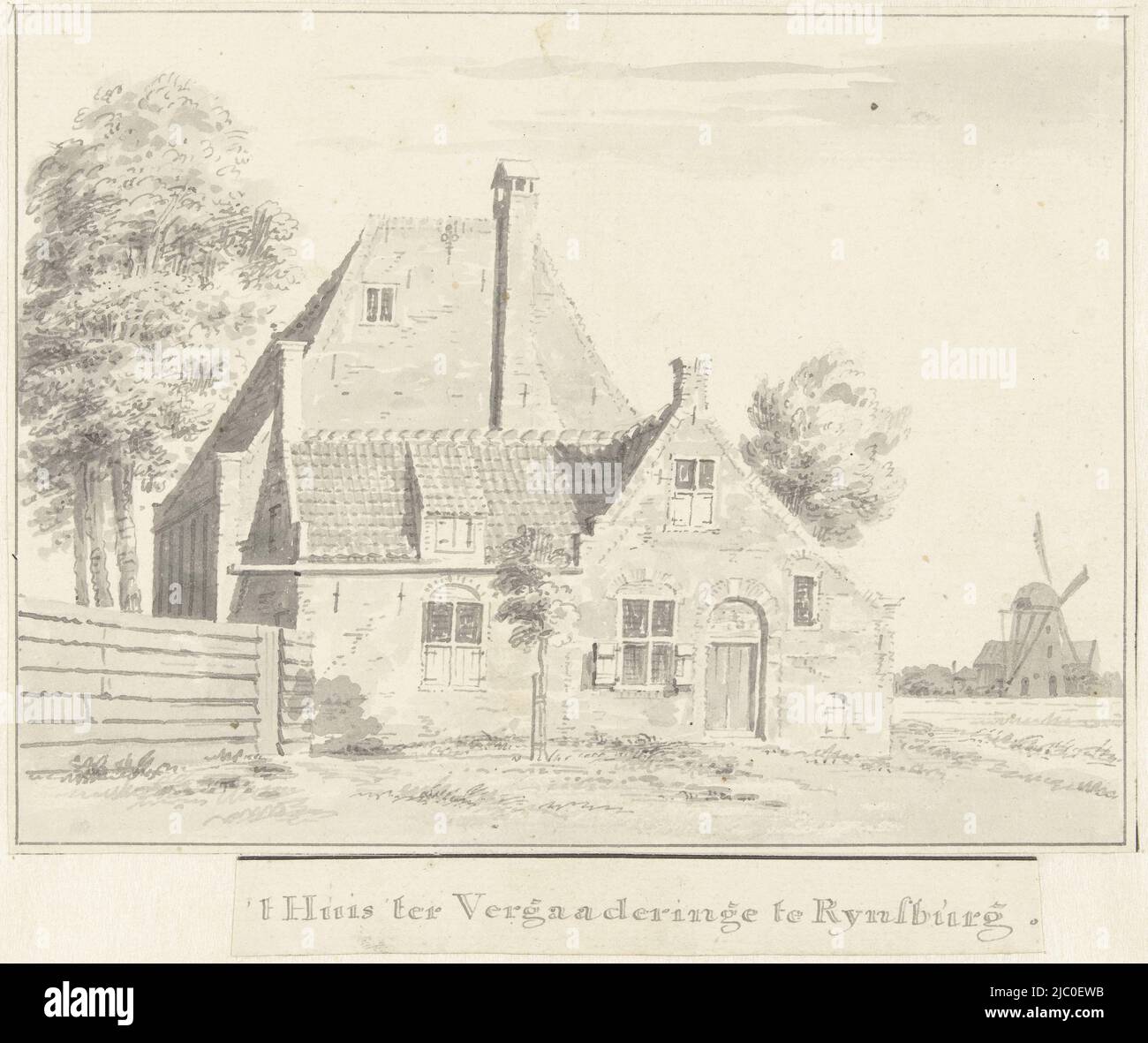 The Collegiants' meeting house in Rijnsburg, draughtsman: Cornelis Pronk, 1701 - 1759, paper, pen, brush, h 135 mm × w 176 mm Stock Photo