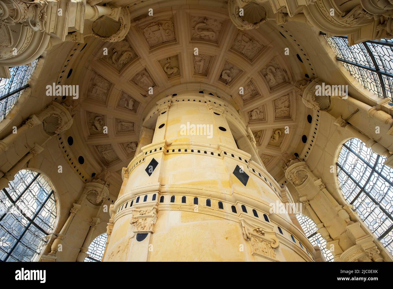 The double-spiral staircase inside Château de Chambord in Chambord, Centre-Val de Loire, France. It was built to serve as a hunting lodge for Francis Stock Photo
