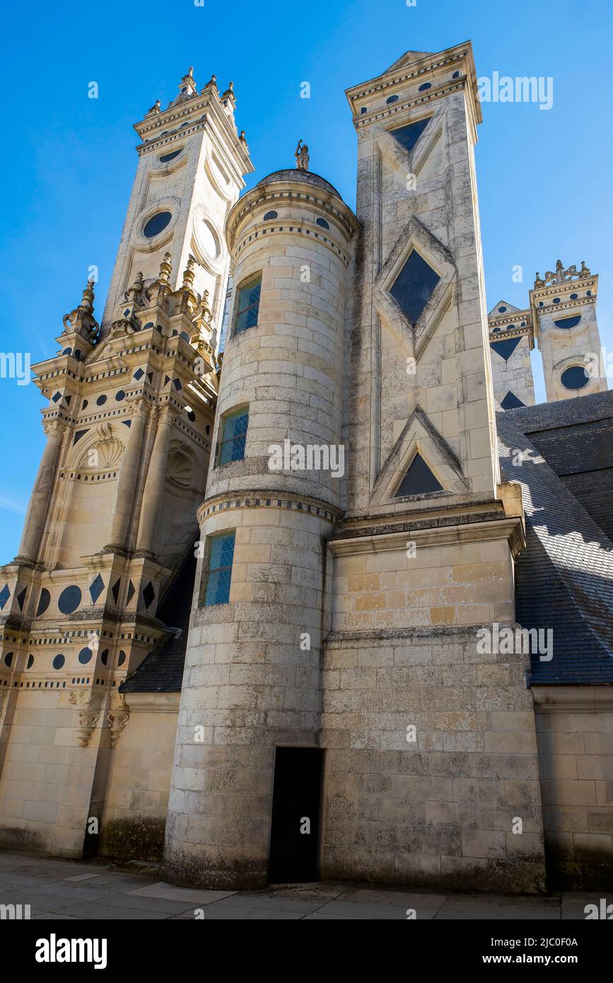 View of the royal Château de Chambord in Chambord, Centre-Val de Loire, France. It was built to serve as a hunting lodge for Francis I, who maintained Stock Photo