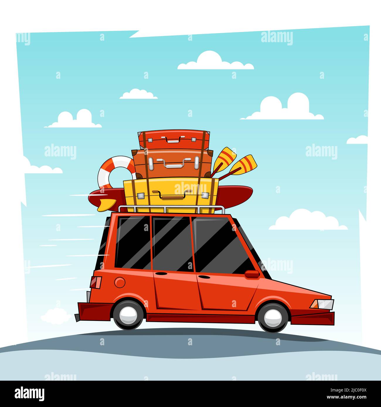 Car vacation vector illustration. Cartoon summer traveling trip objects. Cartoon  car travel with baggage on roof Stock Vector Image & Art - Alamy