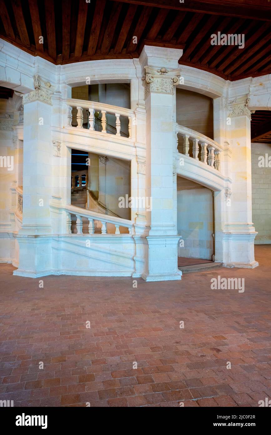 The double-spiral staircase inside Château de Chambord in Chambord, Centre-Val de Loire, France. It was built to serve as a hunting lodge for Francis Stock Photo