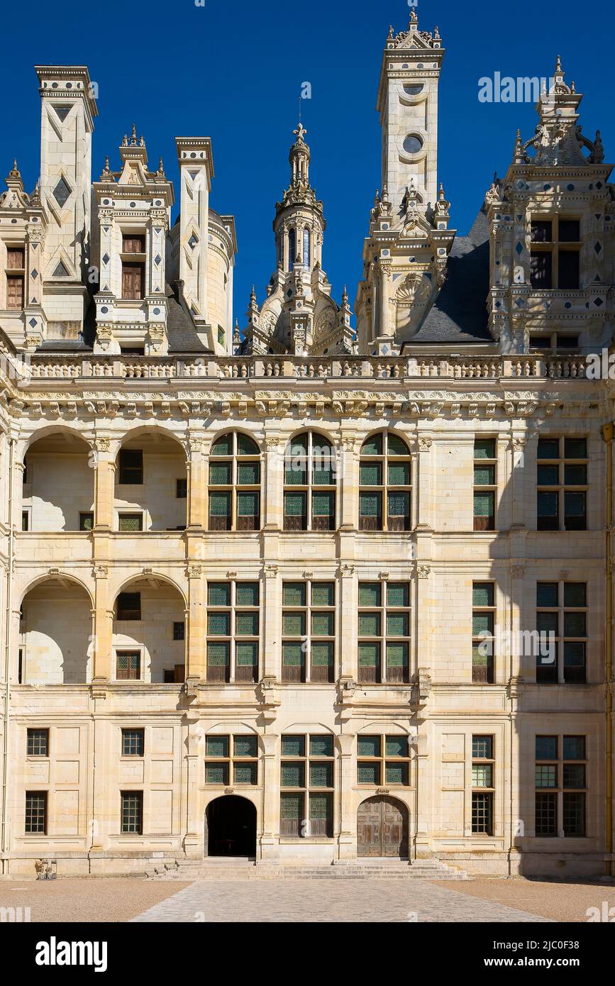 Courtyard of the royal Château de Chambord in Chambord, Centre-Val de Loire, France. It was built to serve as a hunting lodge for Francis I, who maint Stock Photo