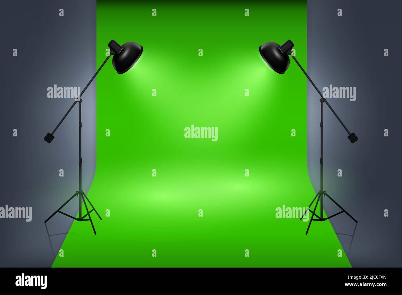 Vector green screen studio interior with spotlights. Empty photo studio ...